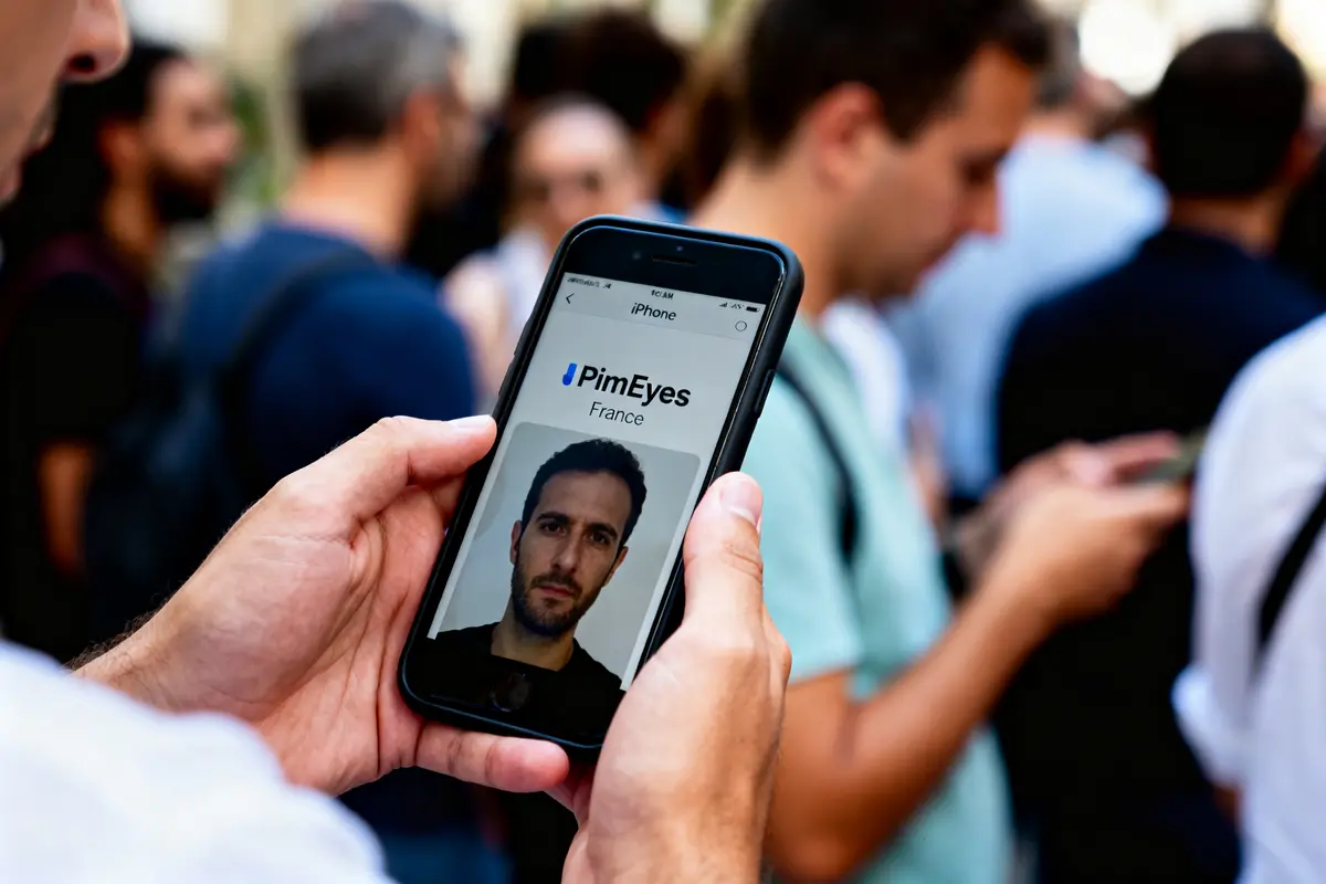 Personne tenant téléphone montrant un visage sur PimEyes, foule floue en arrière-plan, extérieur.