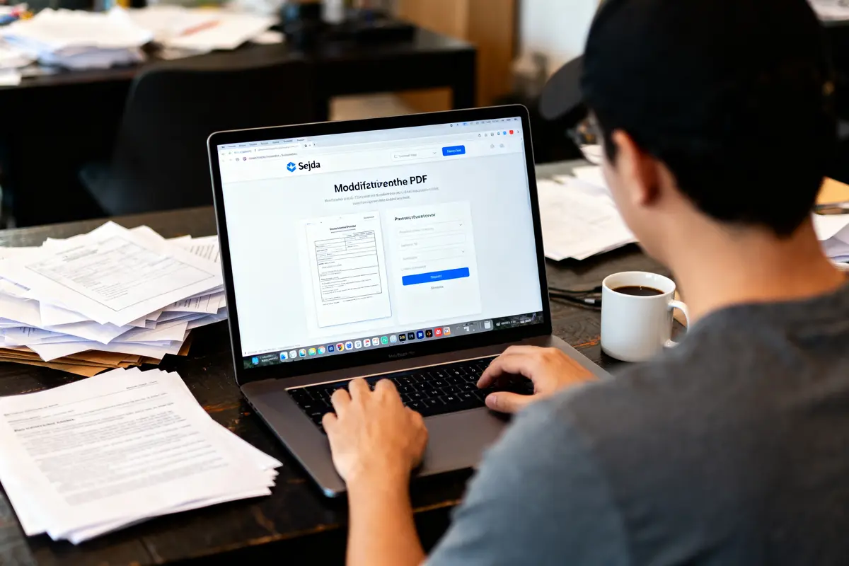Personne utilisant un ordinateur portable avec application de modification PDF, bureau encombré de papiers, tasse de café.