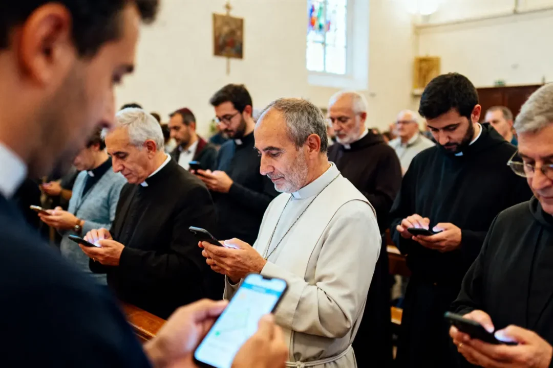 Des hommes religieux utilisent des smartphones dans une église, concentrés sur leurs écrans.