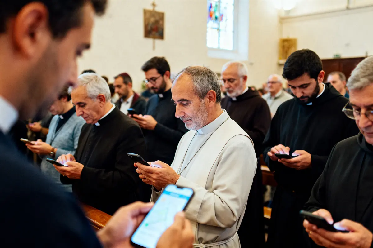 Des hommes religieux utilisent des smartphones dans une église, concentrés sur leurs écrans.