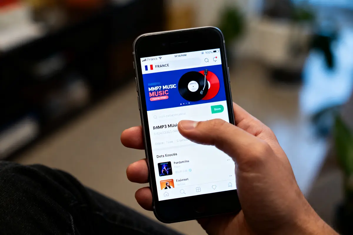 Main tenant un smartphone affichant une application de musique en ligne avec vinyle sur l'écran.