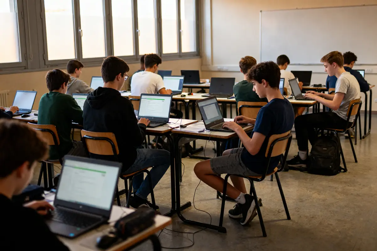 Étudiants en classe utilisant des ordinateurs portables, concentrés sur leur travail, dans une salle lumineuse moderne.