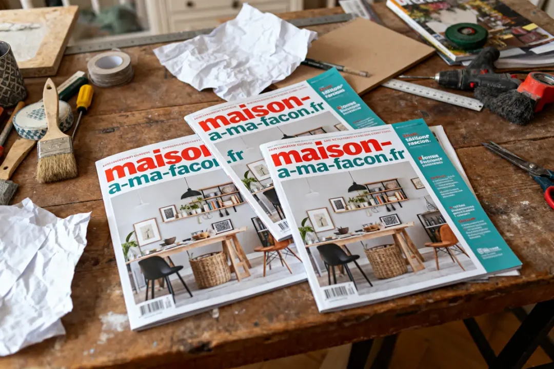 Magazines "maison-a-ma-facon.fr" sur table de bricolage avec outils, pinceau, ciseaux et papier froissé.