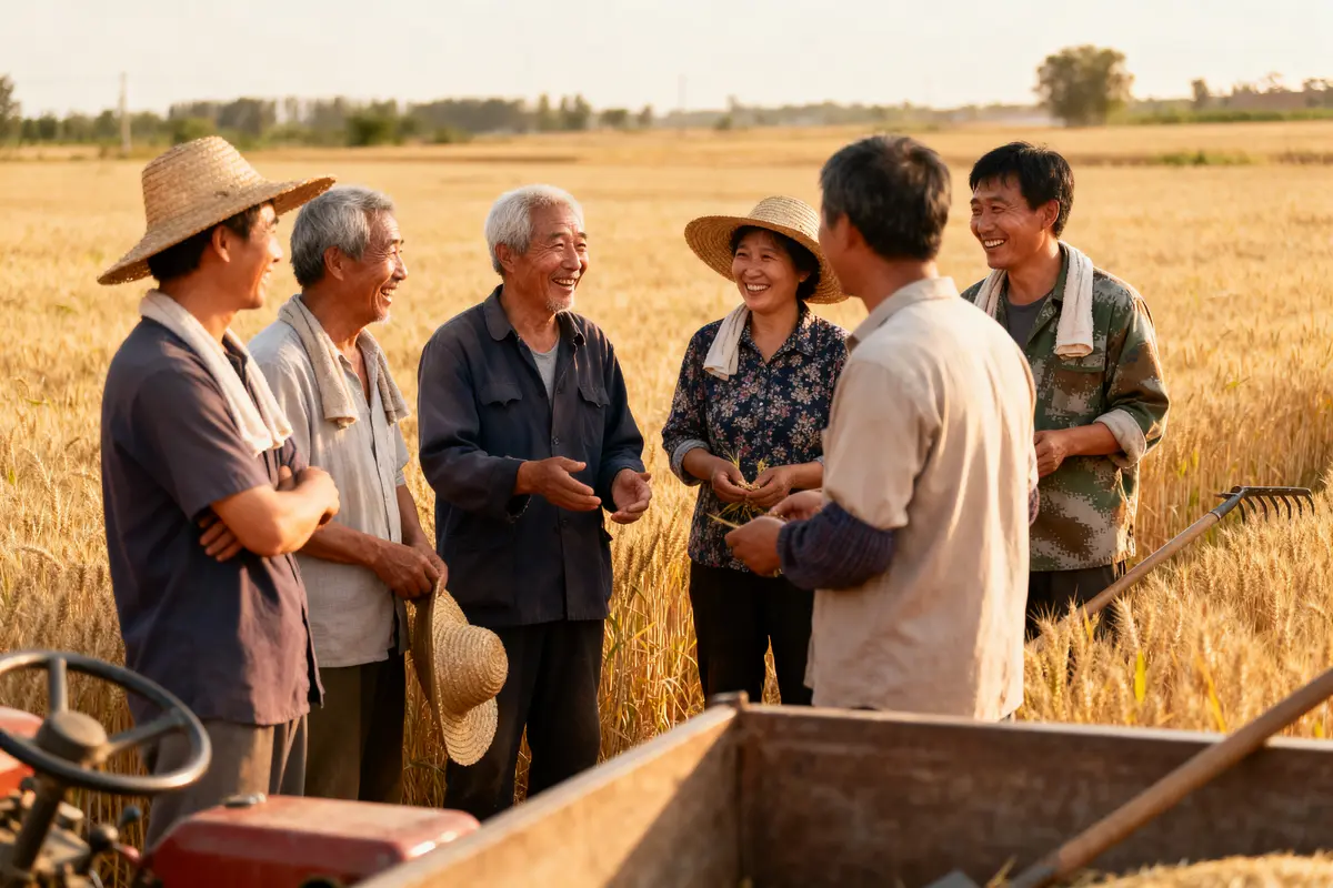 Groupe de fermiers souriant dans un champ de blé ensoleillé, discutant ensemble.