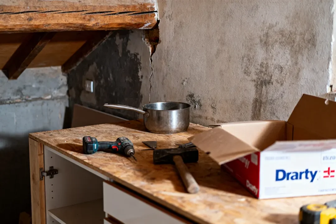 Plan de travail avec perceuse, casserole et boîte en carton dans une pièce en rénovation.