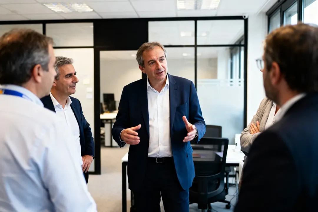 Groupe d'hommes en discussion animée dans un bureau moderne, ambiance professionnelle et collaborative.
