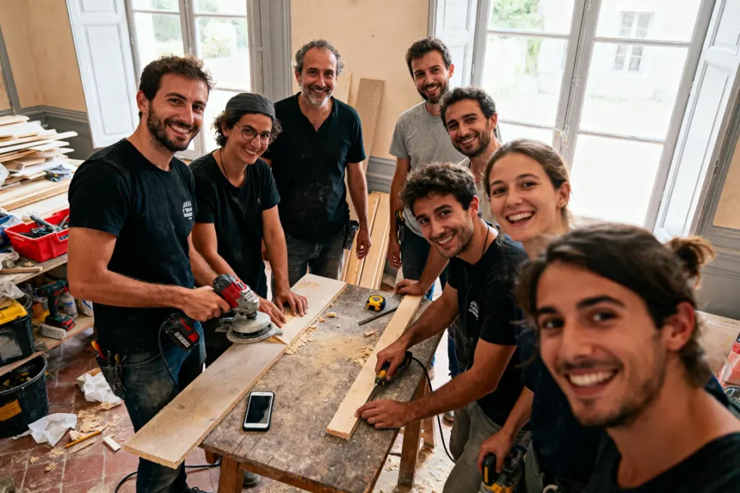Groupe de sept personnes souriantes travaillant le bois dans un atelier lumineux avec fenêtres.