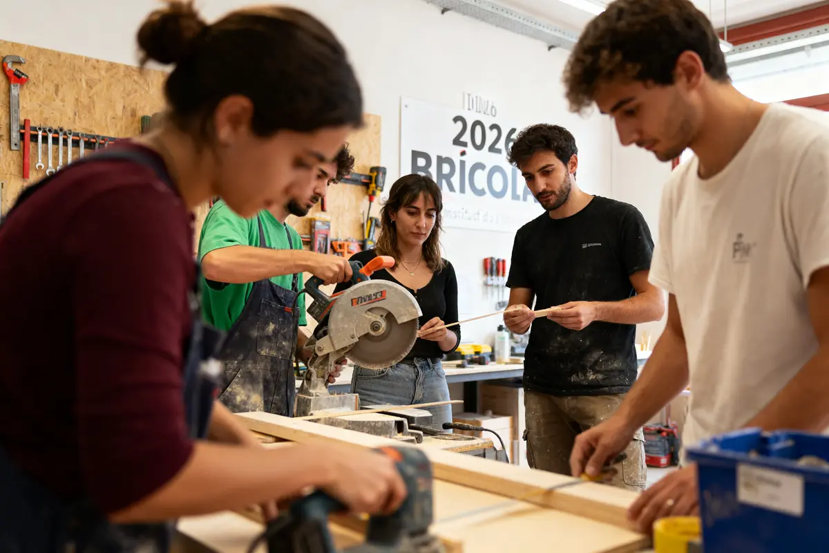 Personnes travaillant le bois dans un atelier, utilisant des outils de bricolage et des matériaux divers. Atelier Bricola.