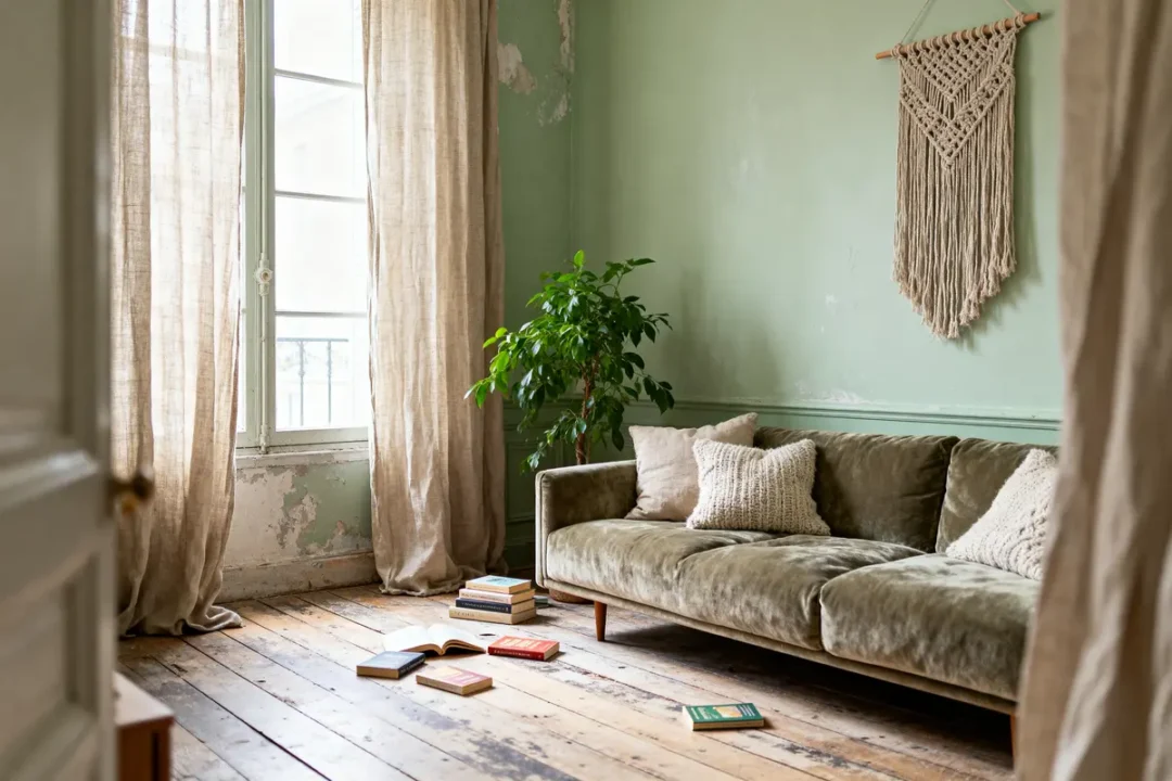 Salon minimaliste avec canapé vert, coussins, tentures beiges, plantes, livres par terre, mur vert clair, lumière naturelle.