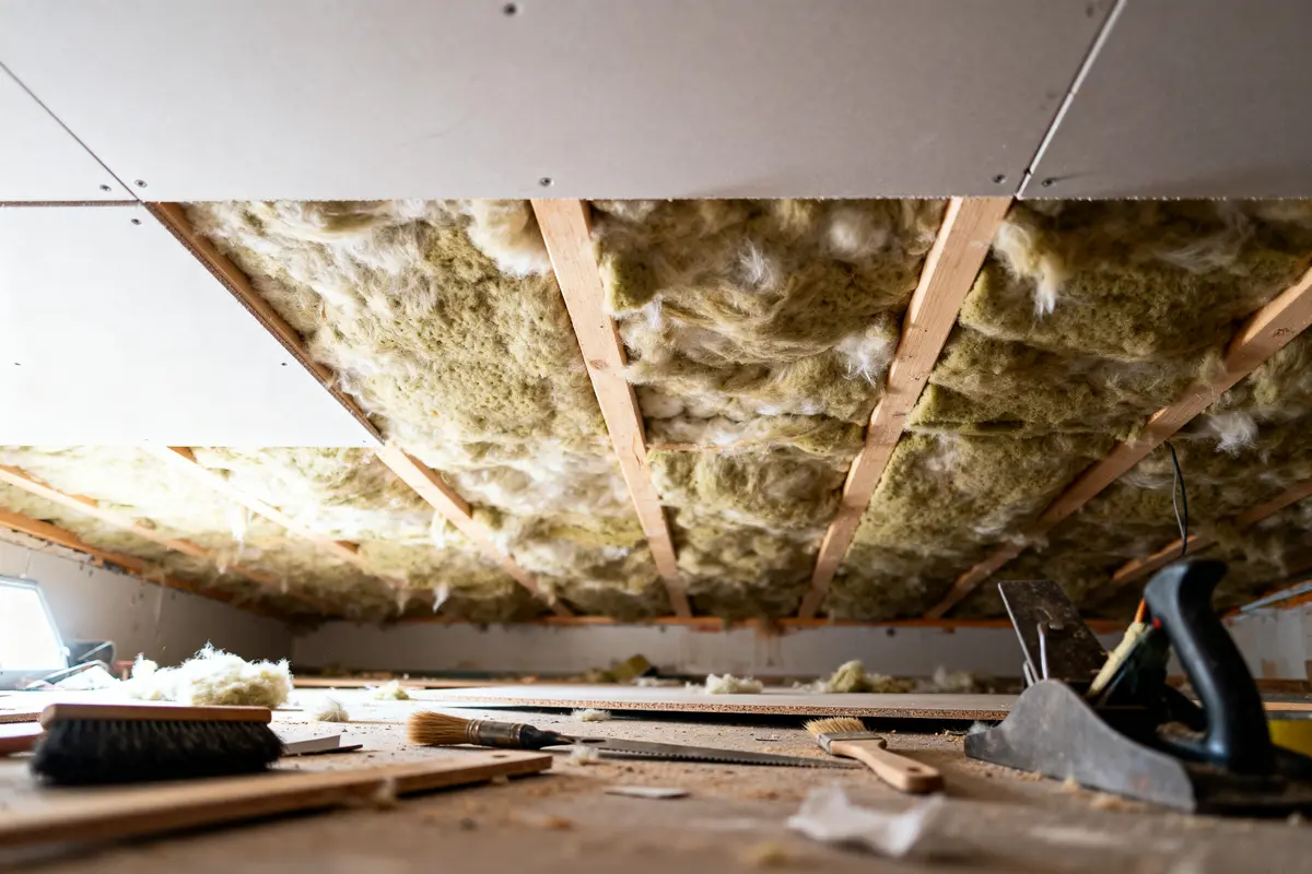 Isolation en laine sous des panneaux de plafond en cours d'installation, outils de menuiserie visibles au premier plan.
