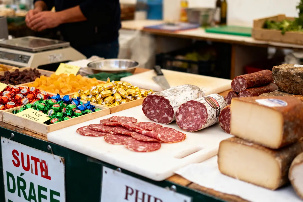 Plateau de charcuterie, fromages, bonbons variés, et fruits secs sur un stand de marché. Personne en arrière-plan.