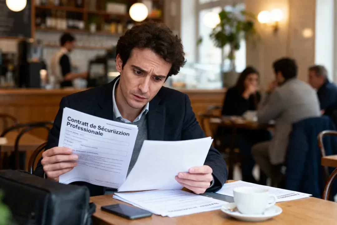 Un homme lit des documents importants dans un café, affichant une expression préoccupée.