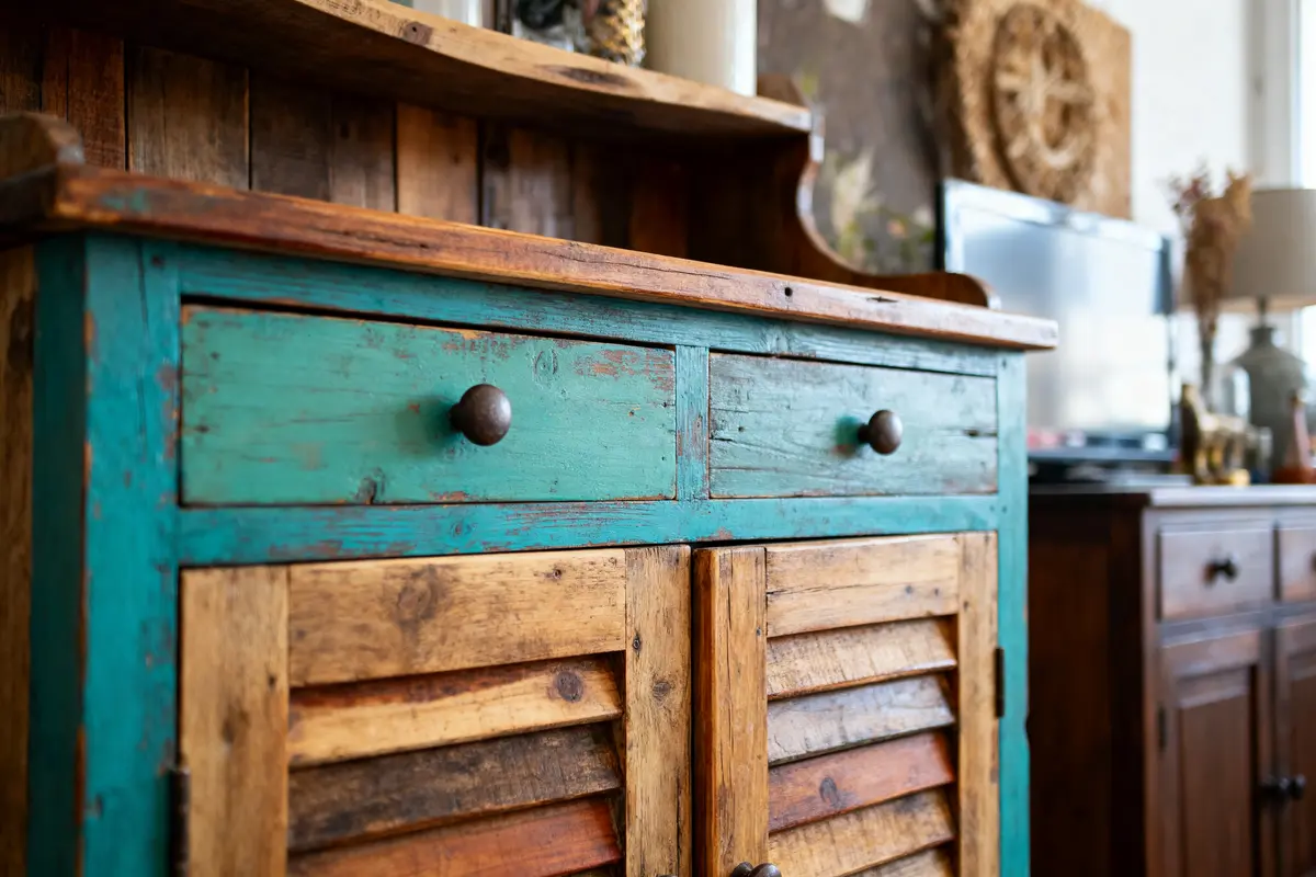 Meuble en bois vintage avec tiroirs turquoise, boutons métalliques, touches rustiques, ambiance chaleureuse dans un intérieur.