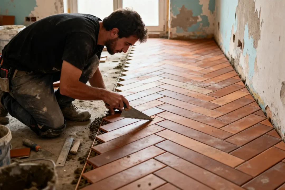 Homme posant des carreaux en chevron sur le sol d'une pièce en rénovation, à l'aide d'une spatule dentelée.