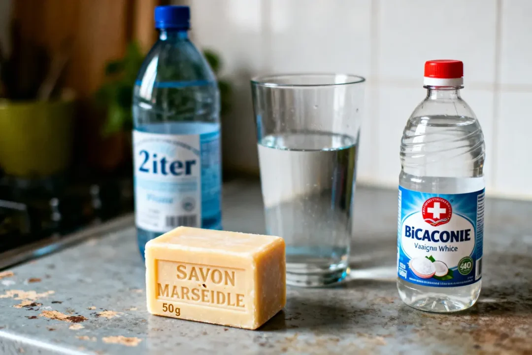 Bouteille d'eau, savon de Marseille, flacon de bicarbonate, verre d'eau sur un comptoir de cuisine.