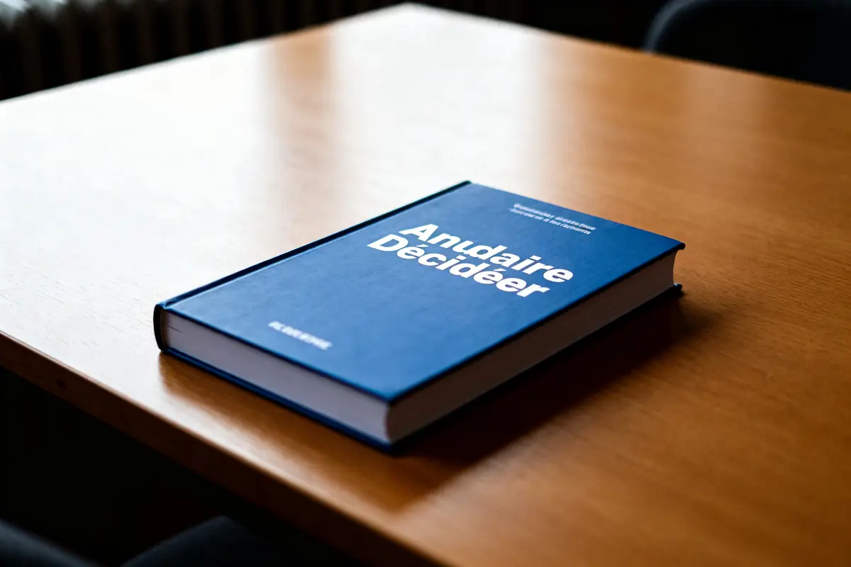 Livre bleu Annuaire Décideur posé sur une table en bois dans un bureau moderne