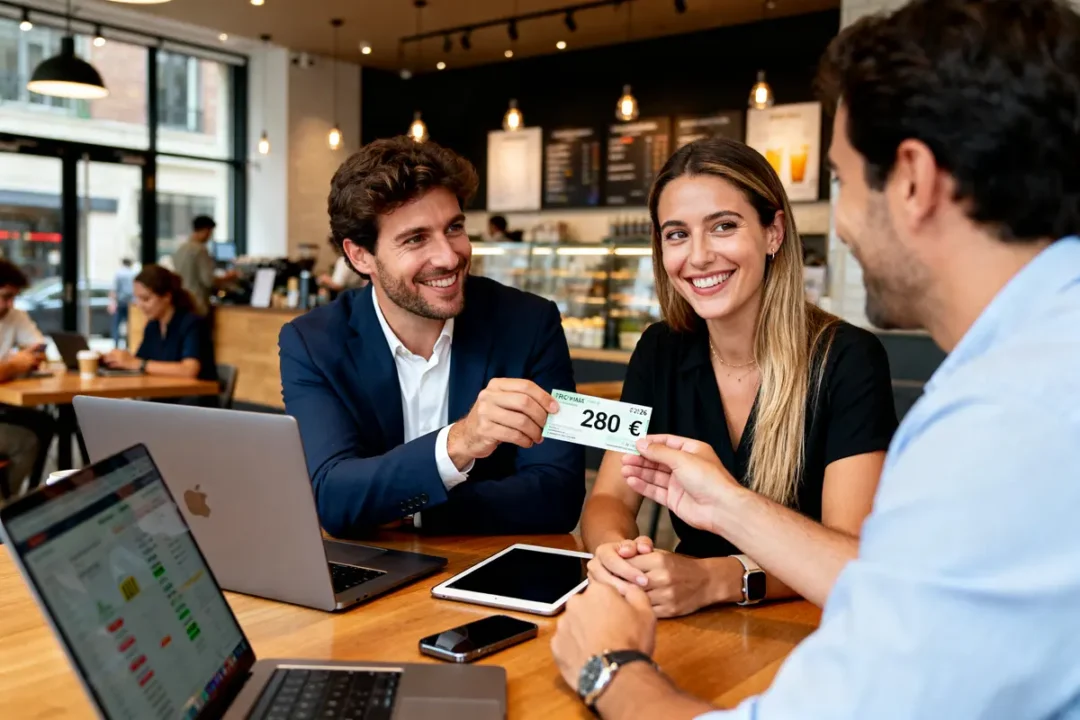 Groupe de personnes souriant discutant de parrainage banque dans un café avec ordinateurs и tablette