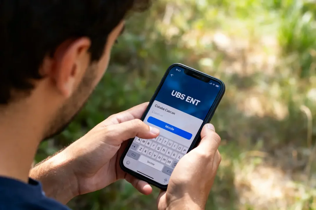 Utilisateur connectant à l'application UBS ENT sur smartphone en extérieur