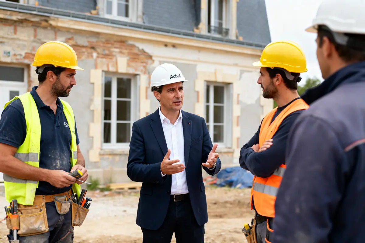 Des ouvriers discutent avec un responsable portant un casque Acbat sur un chantier de rénovation