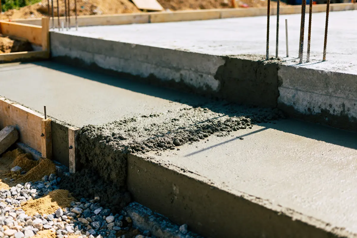 Dalle de béton fraîchement coulée avec armature visible pour calcul pour le beton optimal