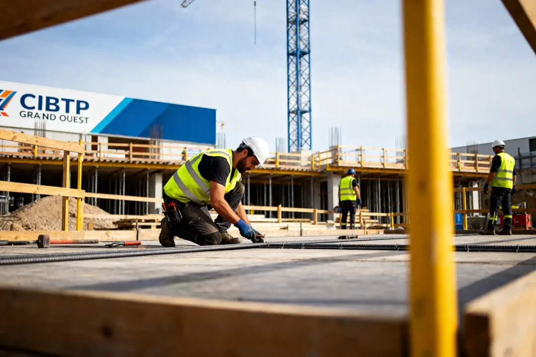 Ouvriers en construction sur chantier CIBTP Grand Ouest posant des armatures métalliques sol