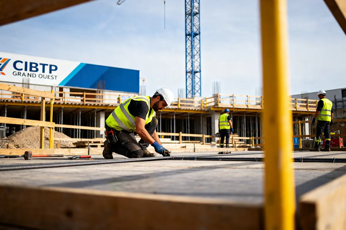 Ouvriers en construction sur chantier CIBTP Grand Ouest posant des armatures métalliques sol