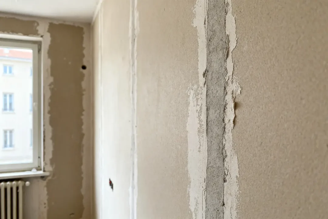 Cloison placo en cours de rénovation avec fenêtre lumineuse et radiateur visible