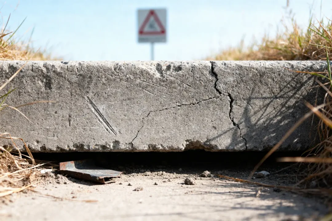 Dalle beton fissurée sur chemin avec panneau de signalisation flou en arrière-plan