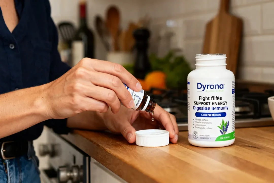 Personne versant liquide dans bouchon sur comptoir avec bouteille Dyrona en arrière-plan