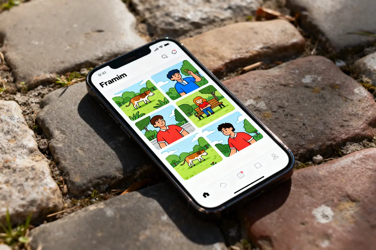 Smartphone sur pavés affichant bandes dessinées Franim avec personnages et paysage bucolique