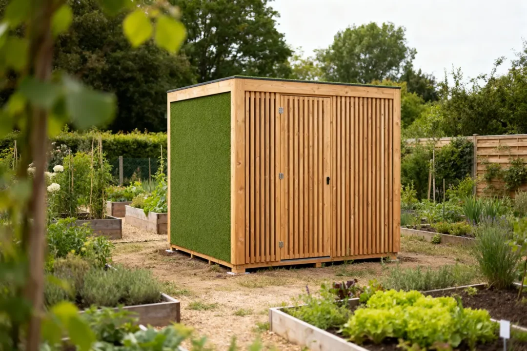 Abri de jardin Greenkub en bois et gazon artificiel dans un potager verdoyant