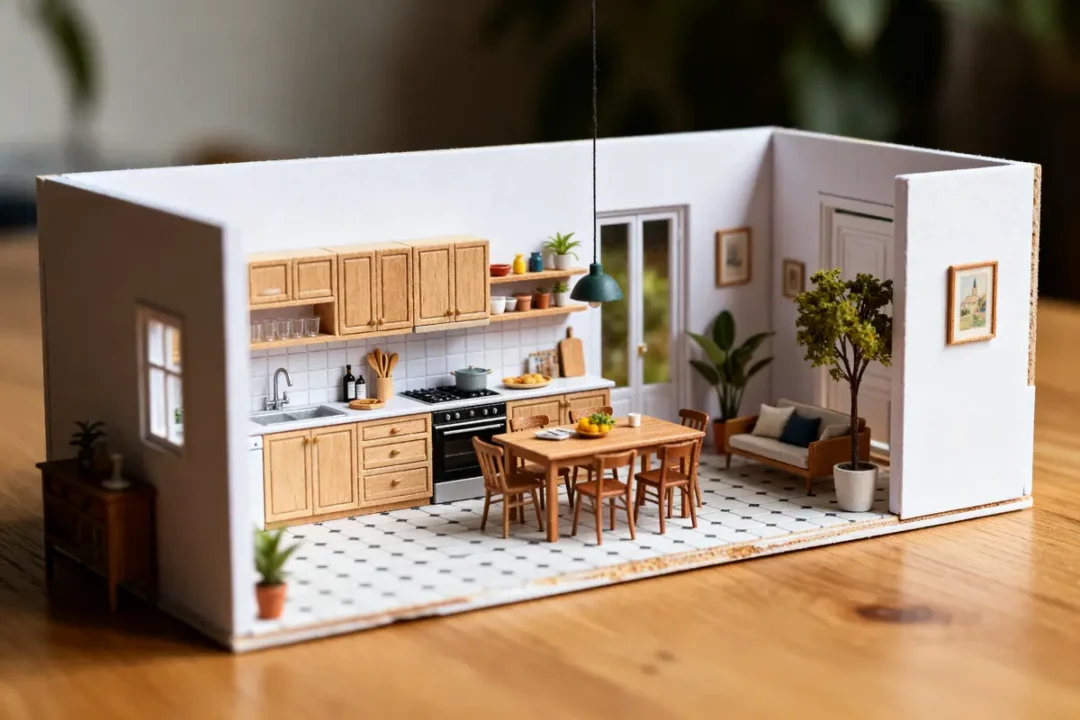Modèle miniature de cuisine moderne et salon dans une maison Mikit avec détails réalistes