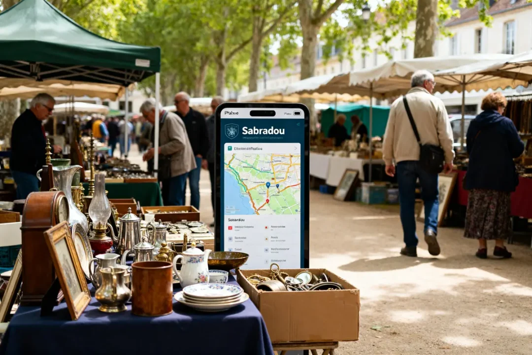 Écran affichant "Sabradou" dans un marché d'antiquités animé avec des visiteurs observant.