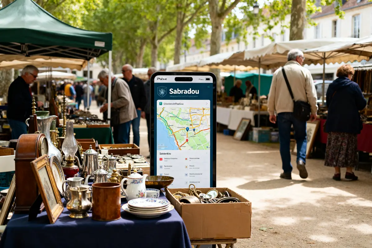 Écran affichant "Sabradou" dans un marché d'antiquités animé avec des visiteurs observant.