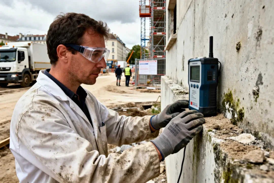 Technicien en lunettes mesure un mur avec équipement sapian sur chantier en plein air
