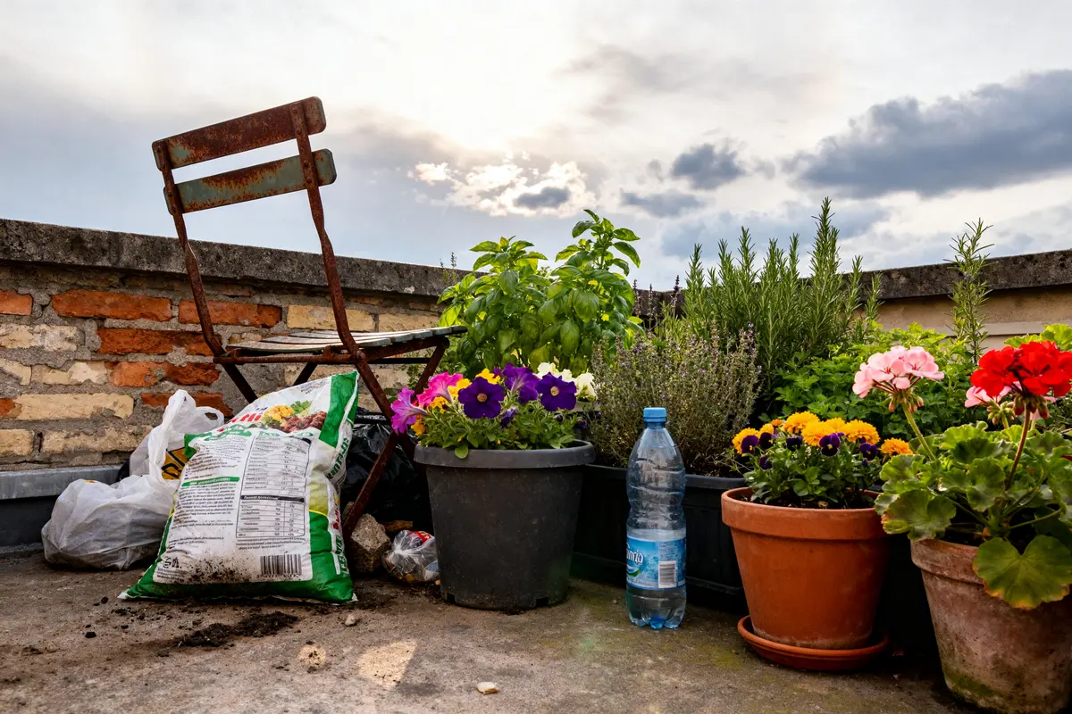 Chaise rouillée et pots de fleurs sur terrasse urbaine visible sur shockgarden.com
