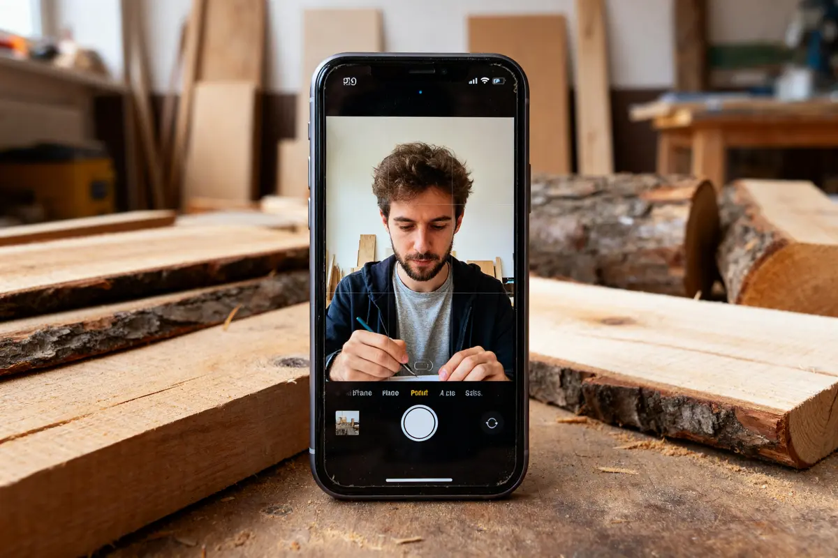 Homme sur smartphone en atelier entouré de planches sm bois atelier menuiserie artisanat