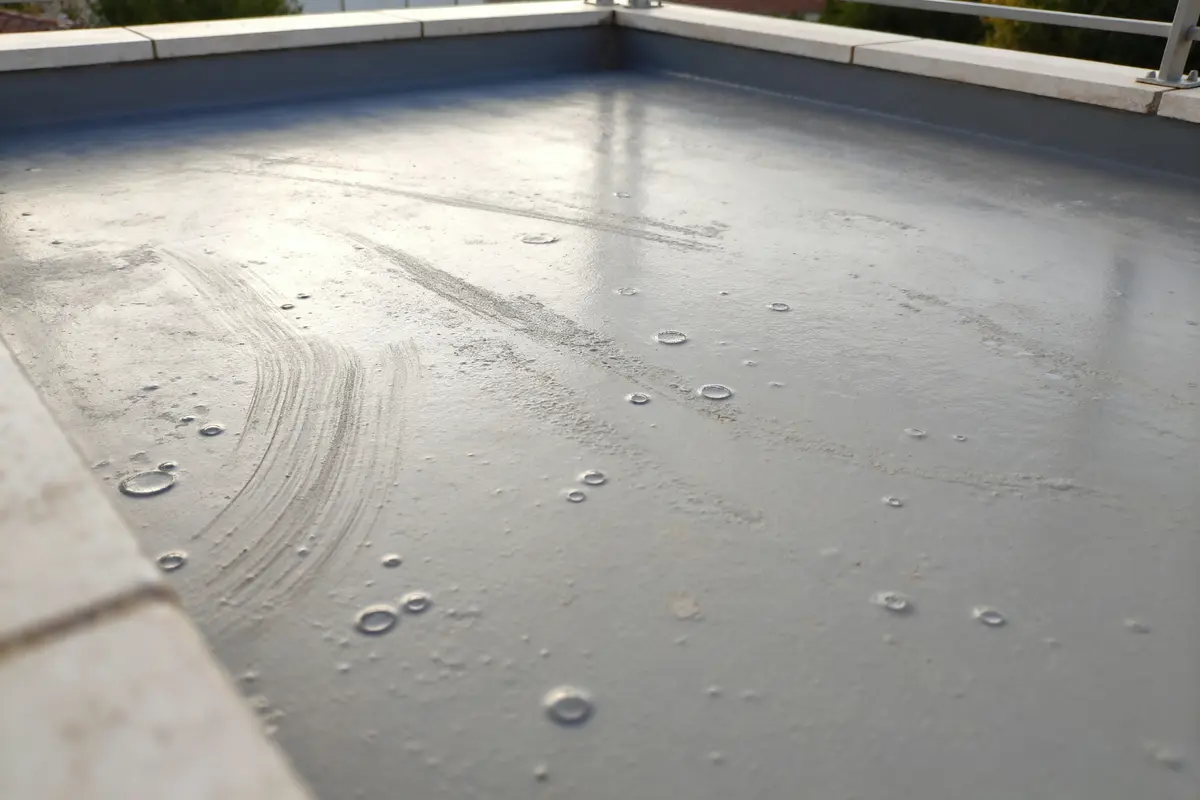 Surface d'une terrasse en résine grise avec bulles et légères traces d'usure