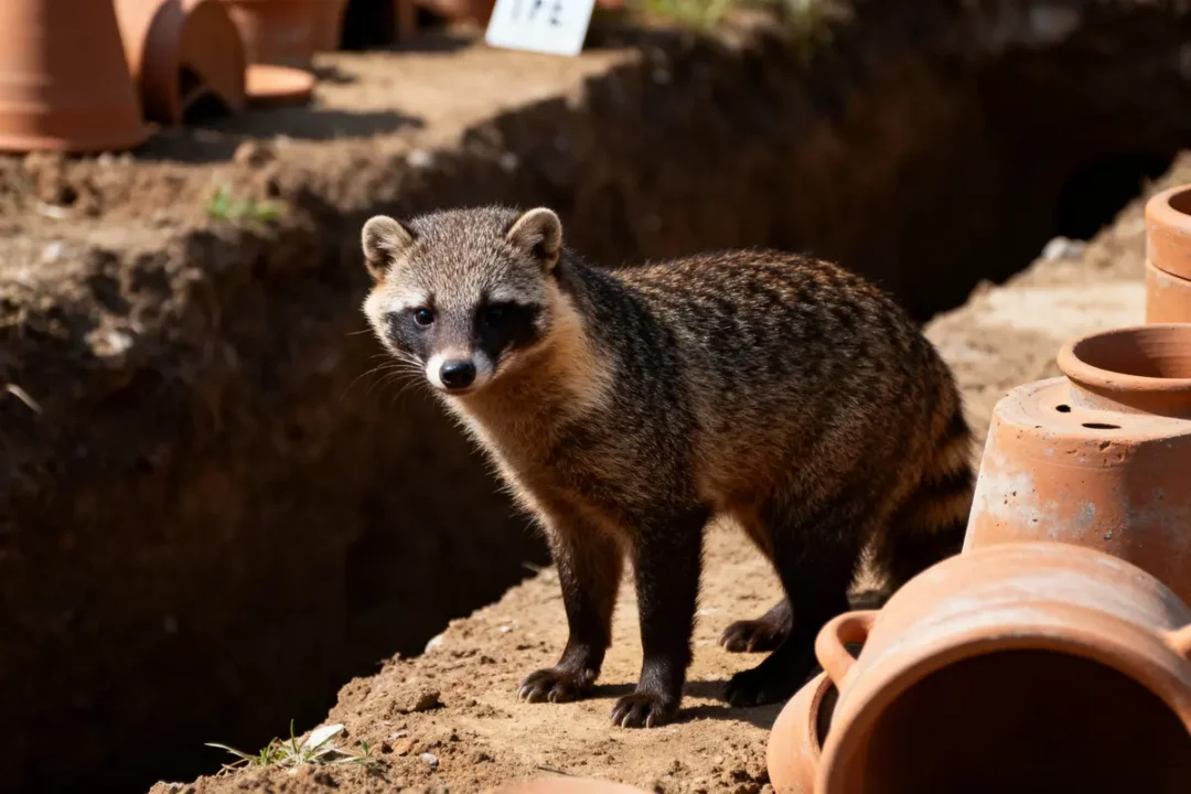 Raton-laveur explorant une terrerie avec pots en terre cuite en arrière-plan