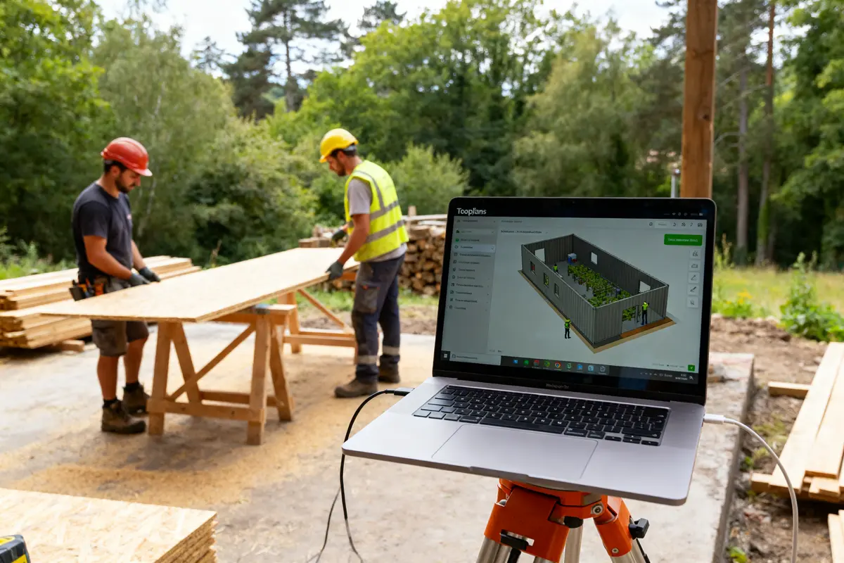 Un ordinateur avec Tooplans affiche un plan 3D sur un chantier de construction bois