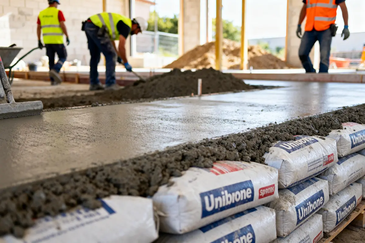 Ouvriers coulant du béton sur chantier avec sacs de ciment Unibeton visibles au premier plan
