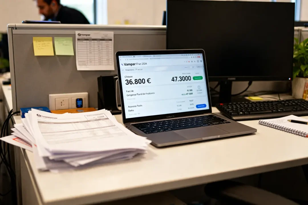 Bureau avec ordinateur affichant des chiffres financiers Vampar, papiers et notes adhésives