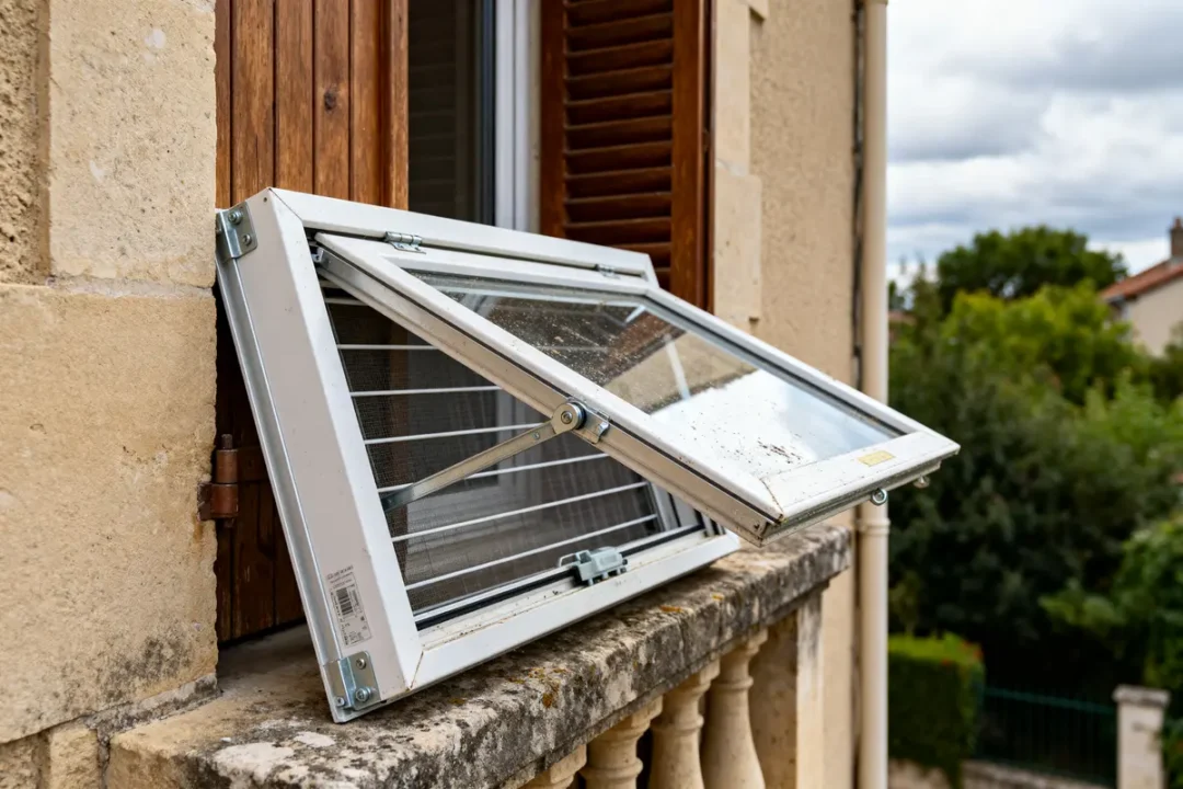 Fenêtre PVC ouverte en basculant pour aération optimale sur un mur en pierre extérieur