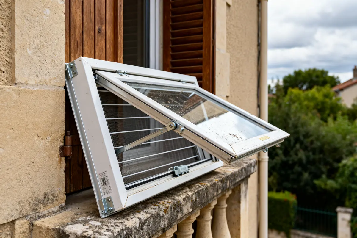 Fenêtre PVC ouverte en basculant pour aération optimale sur un mur en pierre extérieur