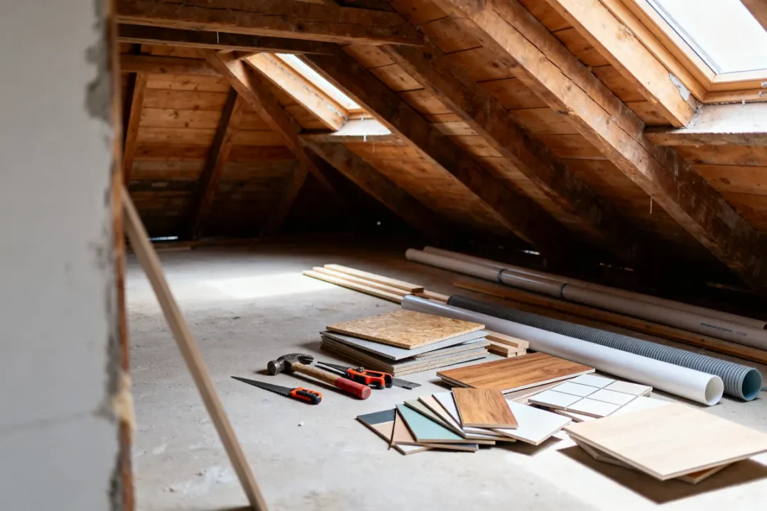 Grenier en bois avec outils, planches, tuyaux, et échantillons de matériaux pour rénovation sous fenêtres de toit.