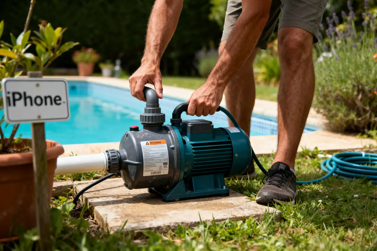 Homme ajustant une pompe électrique près d'une piscine, avec tuyau bleu et plantes en arrière-plan.