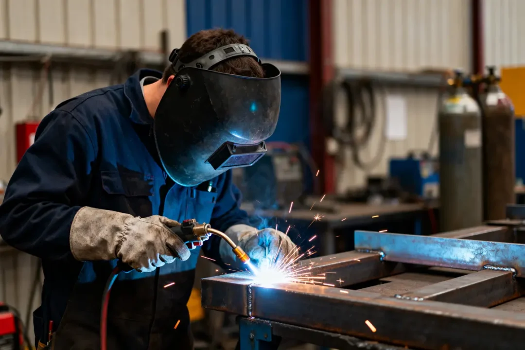Soudeur portant un casque, effectuant une soudure avec des étincelles dans un atelier industriel.