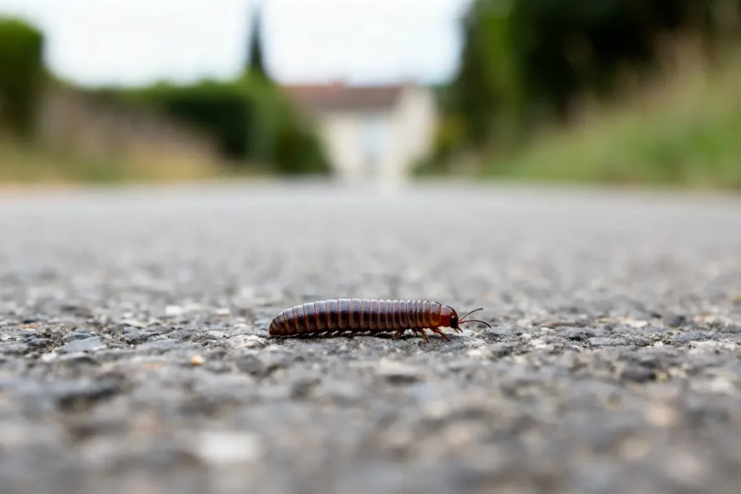 Mille-pattes semblable à un asticot se déplaçant sur une route asphaltée floue en arrière-plan