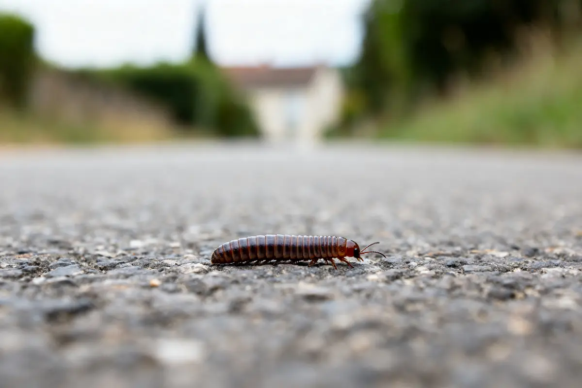 Mille-pattes semblable à un asticot se déplaçant sur une route asphaltée floue en arrière-plan