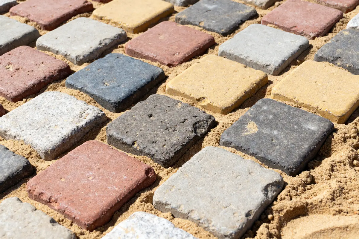 Pavage en autobloquant pave multicolore sur sable pour un aménagement extérieur robuste